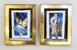 Two Halcyon Days enamel panel pictures, ballerina doll and Petrouchka, each 15cm x 11cm approx.