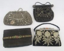 Four various evening bags to include a 1930's fixed frame and Bakelite double fastening bag cream