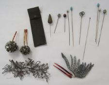 Collection of Late Victorian - early 20th century hat pins and Art Deco hair decorations, the hat