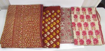 Collection of embroidered Indian Phulkari mirrored cotton covers, a dark-green silk cover applied