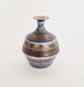 Mary Rich (1940-2022) small studio pottery vase, shouldered with lustred brown rings and gold