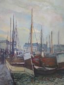 L Cox Oil on board Moored boats at quayside with buildings in background, signed, 41cm x 31cm,