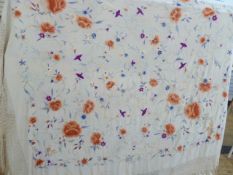 Large silk Chinese embroidered piano shawl, embroidered all over with peonies , fuschia and