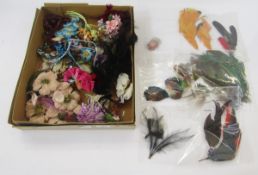 Assorted feather hat and headdress plumes, including peacock and exotic brightly coloured