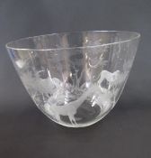 Roland Ward etched glass safari bowl decorated with giraffe, lion and antelope, 17cm high  Condition