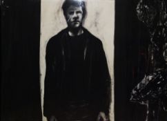 Chris Stevens (contemporary) Charcoal and oil Three-quarter portrait of a man with words and