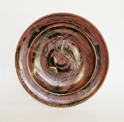 David Leach OBE (1911-2005) studio pottery lustre shallow dish, willow and crane pattern, beige
