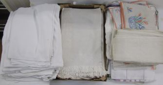 A quantity of linen hand towels, some linen sheets, these are stained, with various other table