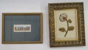Framed silk embroidered flower, probably 18th century, the pink and white flower, possibly a
