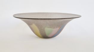 Pauline Solven studio glass bowl with mottled and patchwork design, signed to underside, 30cm