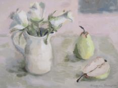 Maggie Thompson (20th century), Oil on canvas Still life, flowers in a jug with pear beside,