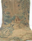 A large piece of canvas painted with a pastoral scene of river, ducks, figures, possibly a backdrop,