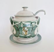 Julian Bellmont (b.1958) a terracotta lidded tureen with ladle and base plate, brushwork