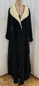 A 1940's velvet house coat/dressing gown with cream satin quilted shawl collar (with stains), with a