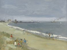 Campbell Archibald Mellon (1878-1955) Oil on board “Gorleston Beach with Jetty”, figures on beach