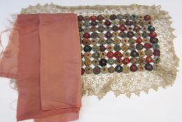 Victorian crochet and applique table cover, embroidered with interlocking gathered flowerheads