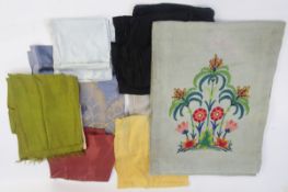 Collection of vintage silk scarves and a linen crewel work panel, the scarves in sizes in blue,