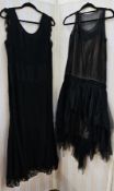 Various black evening dresses and jackets 1920's/1930's to include a black lace jacket, a black