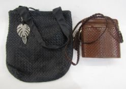 A brown plaited leather Russell and Bromley bucket bag, zip fastening, gilt hardware with tassel,
