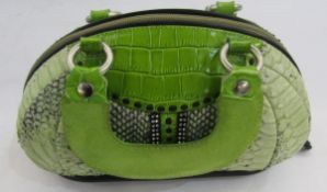 Alaluna small bowling style bag, green and python print leather with diamante detail in original