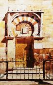 Jeremy Sanders Oil on paper Doorway to a continental building with iron fence in front, 36cm x 23cm,