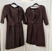 1940's/50's brown jacquard cocktail dress, three quarter length sleeves, peplum waist, brown
