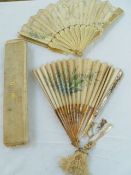 Late 19th century brise fan, painted silk, two sticks broken, another fan , mother o' pearl