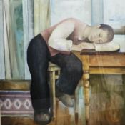 Michael Scott (1946-2006) Oil on canvas  “Studio Dreams”, young man asleep at a table, with Fosse