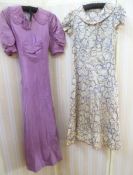 Mid-century vintage evening gown in blue and grey swirls printed, puff sleeves, a quilted