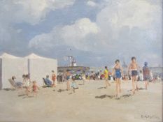 Campbell Archibald Mellon (1878-1955) Oil on board “Gorleston Sands”, figures on beach, signed, with