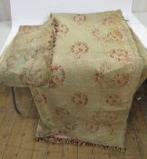 Antique printed cotton curtain, possibly French - trimmed with bobble braid, lined with pink figured