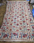 19th century suzani, scrolling pattern in dark red, indigo and yellow colours, hand stitched, six