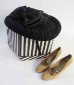 A beautiful black satin Ascot hat, Chapeaux by Lorraine, and a pair of vintage nubuck court shoes