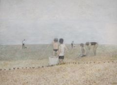 Richard Eurich RA (1903-1993) Oil on board Children on the Beach, 1989, with Fosse Gallery receipt