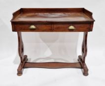 William IV mahogany side table with three-quarter gallery back, two drawers with brass shell cup