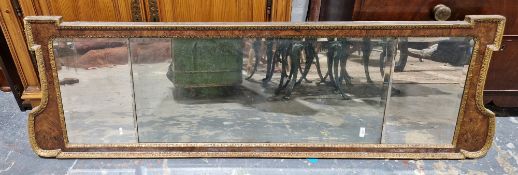 Victorian burr walnut and parcel-gilt triple plate overmantel mirror, each plate with bevelled edge,