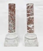 Pair of Grand Tour specimen-style marble plinths, comprising Rosso marble columns on Carrera