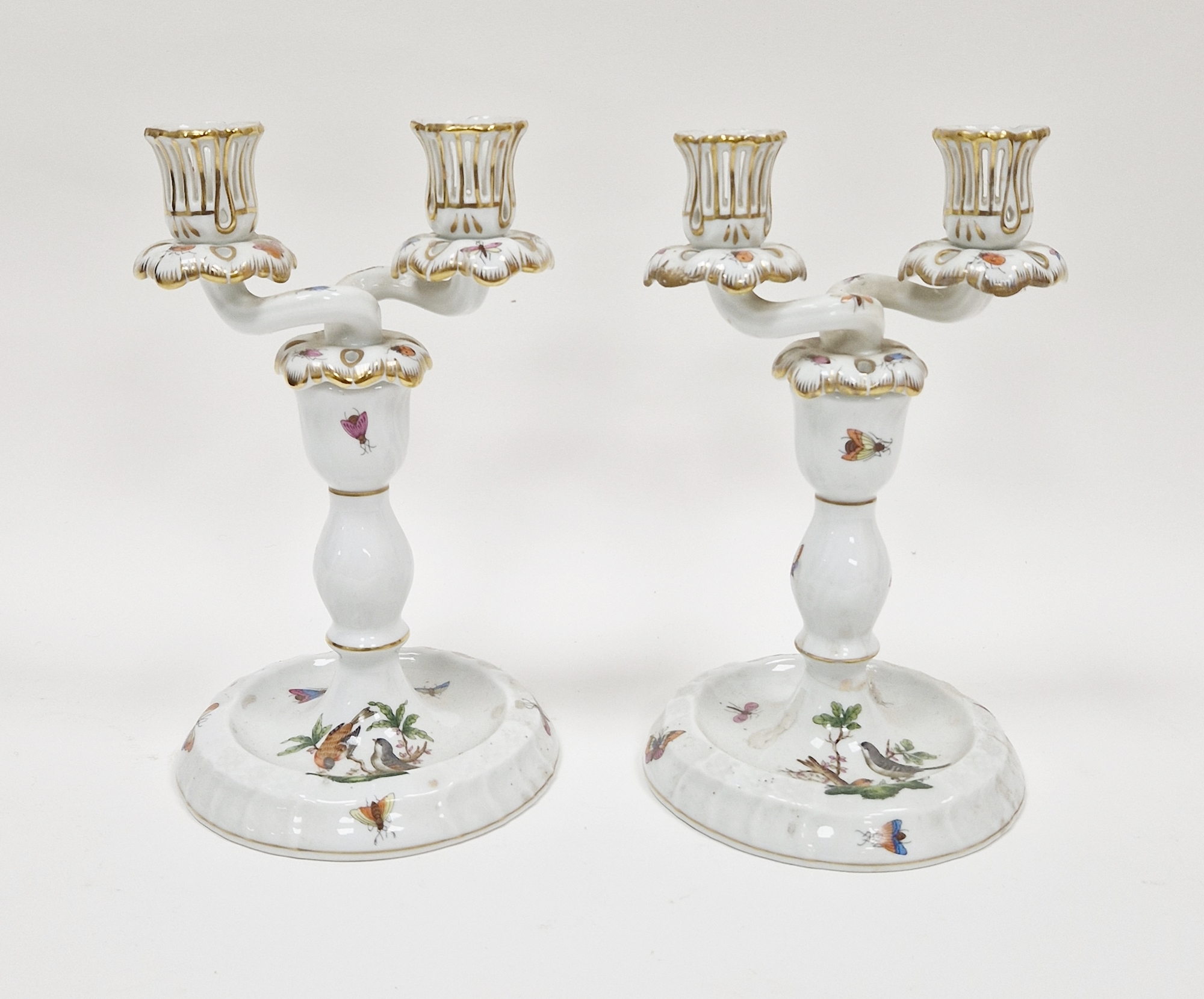Pair of Herend porcelain Rothschild Birds pattern twin-light candelabra, printed blue marks, each of