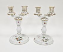 Pair of Herend porcelain Rothschild Birds pattern twin-light candelabra, printed blue marks, each of