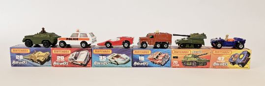 Six boxed Matchbox Superfast Rolamatics diecast model cars to include No.16 Badger, No.20 Police