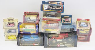 Collection of boxed diecast vehicles including Burago 1/18 scale Mercedes Benz SSK (1928), Burago