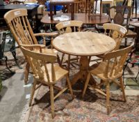Modern circular pine pedestal table raised on three splayed legs, 79cm high x 89cm diameter, a set
