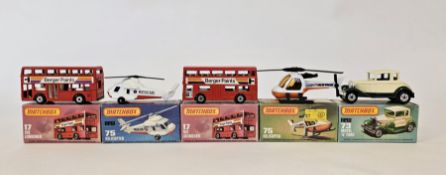 Five boxed Matchbox Superfast 75 series diecast model cars to include No.73 Model 'A' Ford (no