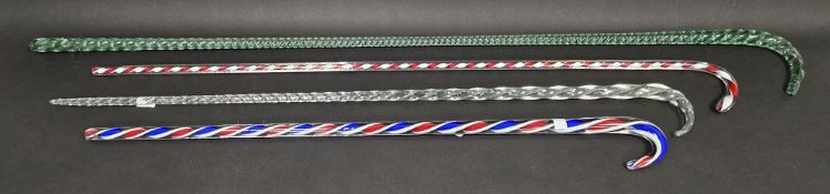 Red, white and blue spiral twist glass walking stick, green glass spirally turned walking stick,