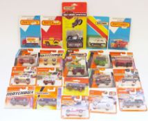 27 Matchbox diecast carded vehicles including a Harley Davidson Sportster, 3x MBX Construction,