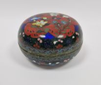 Japanese cloisonne enamel bowl and cover, allover floral decoration on a green speckled ground, 13cm