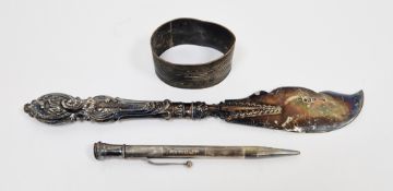 Victorian silver butter knife, a silver napkin ring Chester assay and a silver propelling pencil (3)