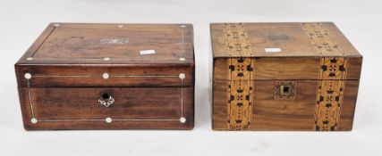 Victorian walnut and parquetry inlaid workbox with green silk lined tray containing vintage buttons,