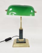 Gilt brass and marble-effect banker's style desk lamp with green glass shade, 36cm high  Property of