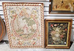 Woolwork picture depicting a classical lady with a sheep surrounded by flowers and a decorative